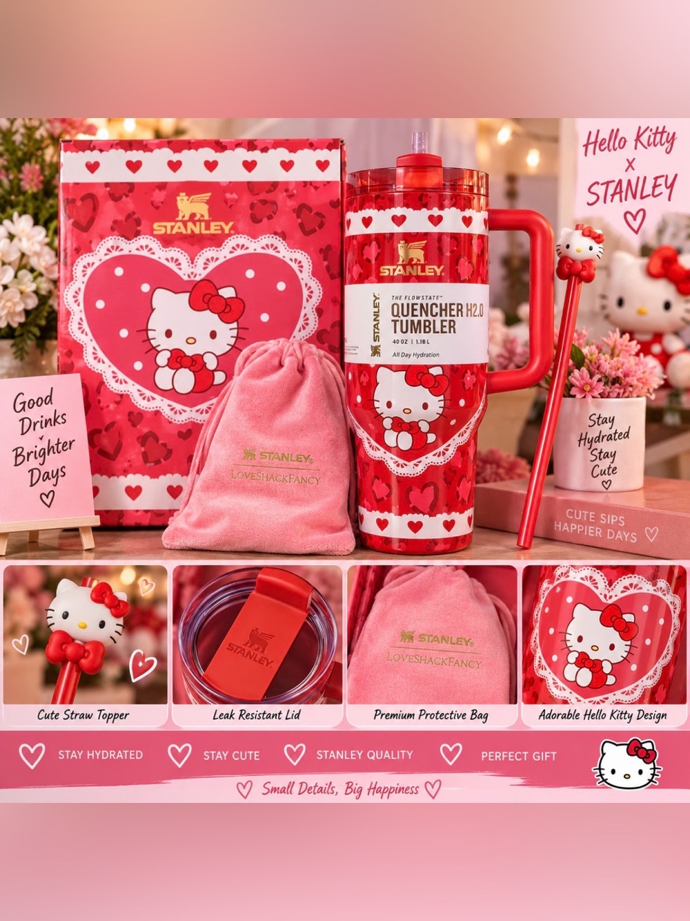Stanley Hello Kitty Red Quencher H2.0 Tumbler Gift Set - Red